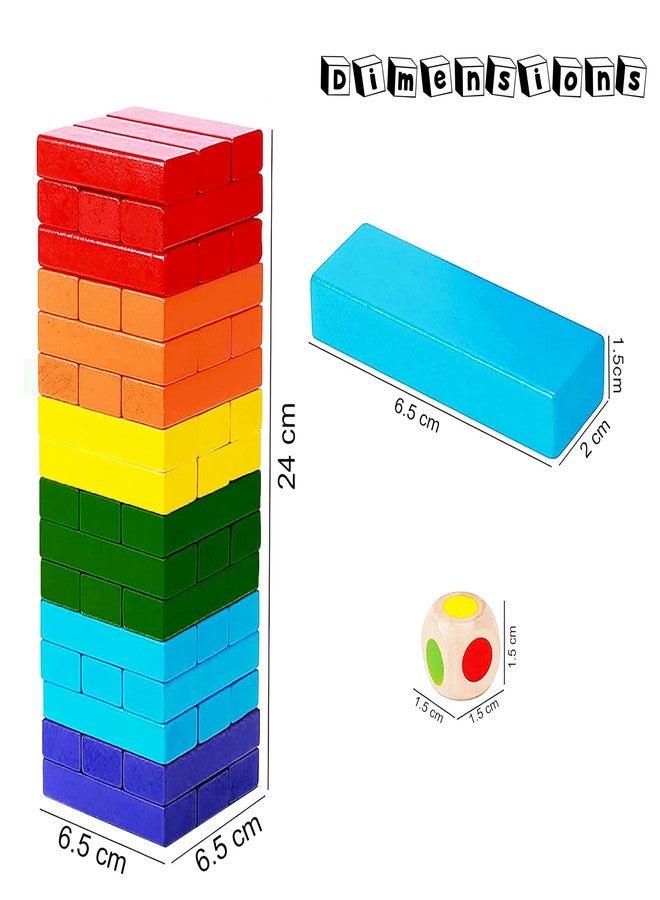 VGRASSP Stacking and Balancing Wooden Blocks Toy for Kids - Classic Falling Tower Game for Family, Kids & Adults with Dice - Educational Puzzle Game (48 Pcs, Multicolor) - Image 3